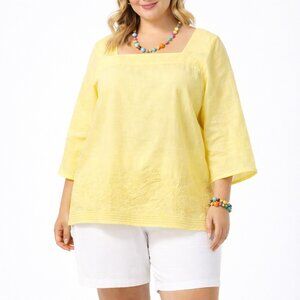 Tweeds Yellow 100% Linen Square Neck Embroidered Blouse 2X 3/4 Sleeve Costal